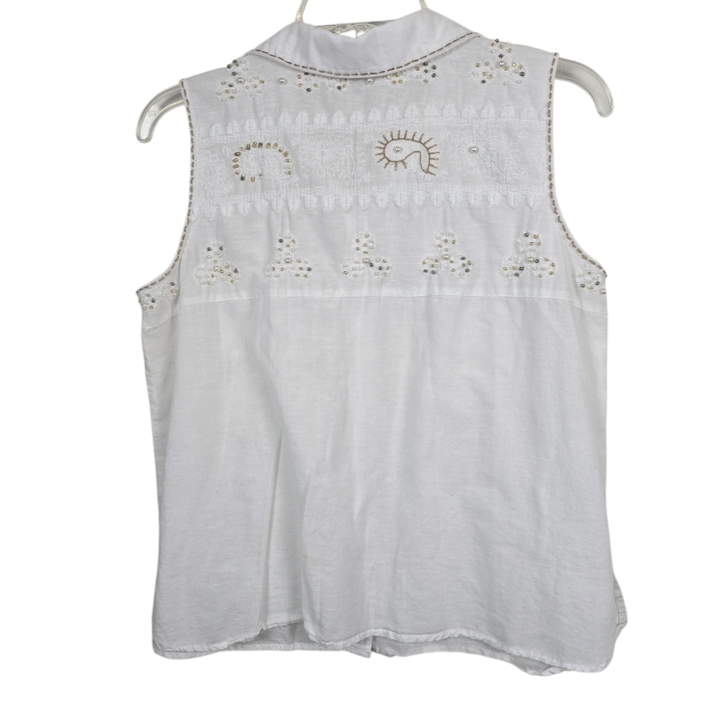 Charlie B Cottagecore Coastal Sleeveless Button Down Embroiderd Beads Blouse M - Picture 2 of 12